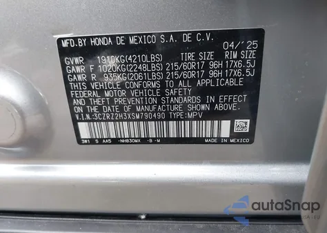 2025 Honda Hr-V Awd Lx from USA, damaged, VIN 3CZRZ2H3XSM790490